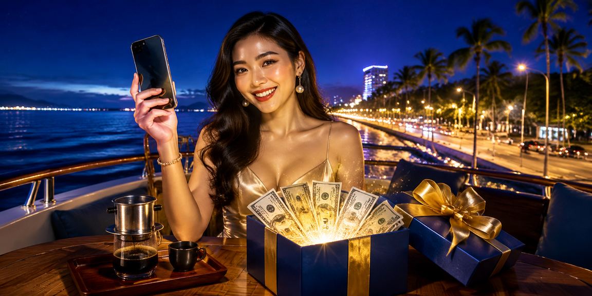 Người dùng Phan Thiết thưởng thức cà phê và kiểm tra tiền thưởng trên điện thoại di động qua giao diện 7011